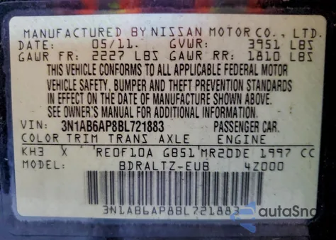 2011 Nissan Sentra 2.0 z USA, uszkodzony, nr VIN 3N1AB6AP8BL721883